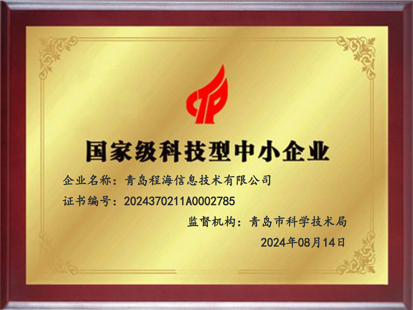 国家级科技型中小企业证书